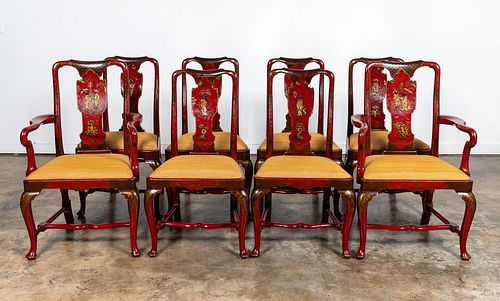 SET, EIGHT RED JAPANNED CHINOISERIE DINING CHAIRS