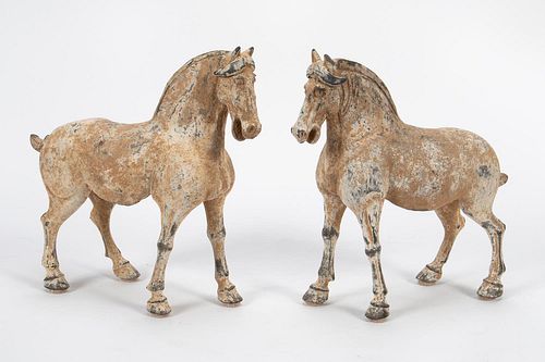 PAIR, CHINESE HAN DYNASTY POTTERY HORSES