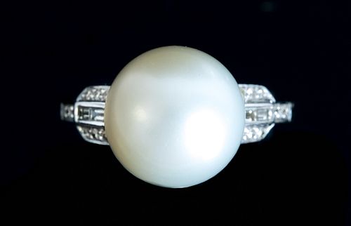 14K WG Pearl & Diamond Ring, Size 7