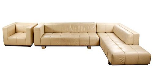 3 Pc Beige Leather Set w/2 Chaises & 1 Armchair