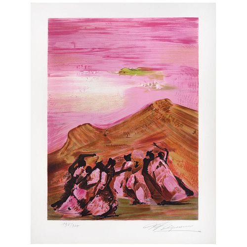 DAVID ALFARO SIQUEIROS, Mountain dancers, Mexican Suite, 1969, Signed, Lithography 198 / 300, 21.2 x 15.7" (54 x 40 cm), Document
