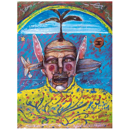 ALEJANDRO COLUNGA, El tumbaaviones, Signed and dated Mex 1979, Mixed technique on paper, 23.8 x 17.7" (60.5 x 45 cm)