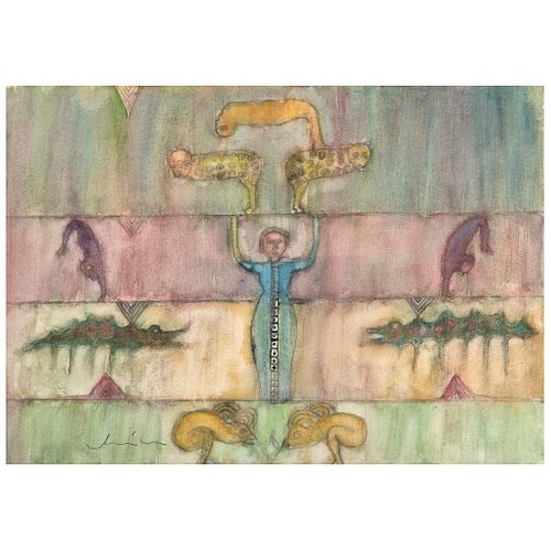 VÍCTOR CHA'CA, Equilibristas, Signed, Front: Watercolor on paper, Back: Pencil on paper, 11.6 x 17.7" (29.5 x 45 cm), Document