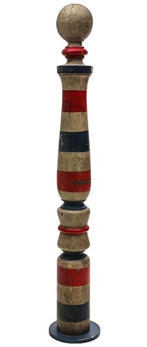 AN UPRIGHT 19TH C. BARBER POLE WITH HORIZONTAL BANDS
