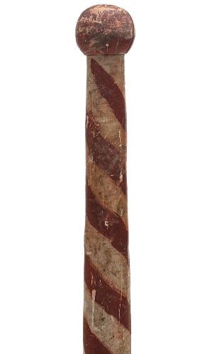 A PRIMITIVE RED AND WHITE UPRIGHT BARBER POLE C. 1900