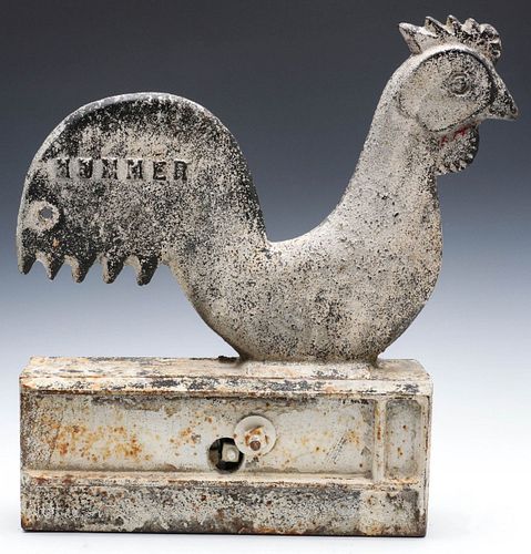 AN ELGIN CAST IRON ROOSTER WINDMILL WEIGHT IN OLD PAINT