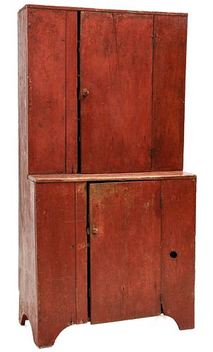 AN EARLY 19TH C. NEW ENGLAND PAINTED STEP BACK CUPBOARD