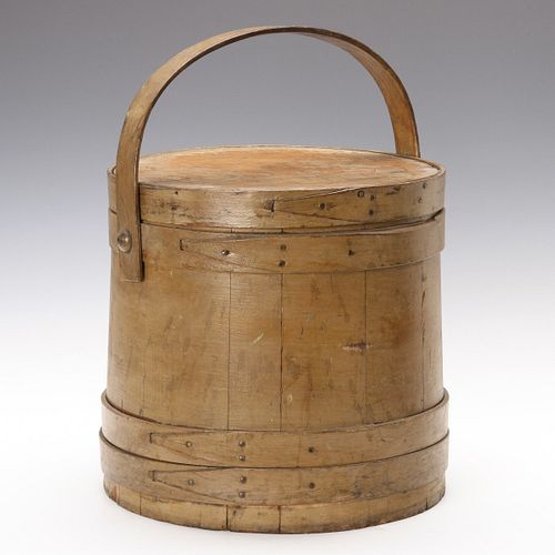 A 19TH CENTURY PAINTED WOOD FIRKIN