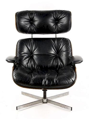 Eames Style Wood, Chrome, & Black Leather Armchair