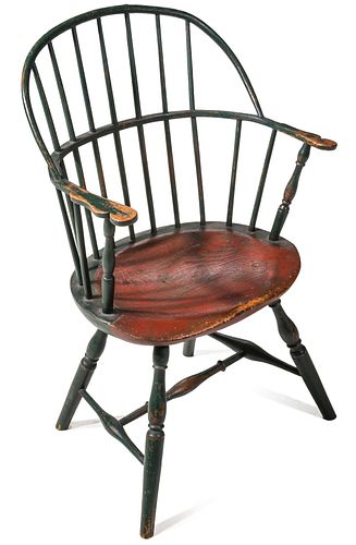 A 18C SACK BACK WINDSOR CHAIR IN GREEN WITH BITTERSWEET