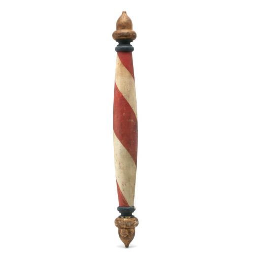A GOOD RED, WHITE AND BLUE BARBER POLE WITH GOLD ACORNS