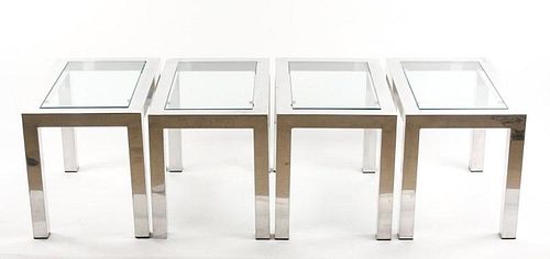 Set of 4 MCM Buffed Steel Glass Top Tables