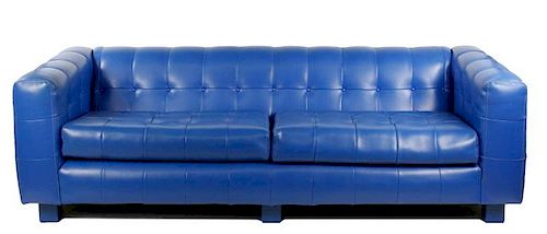 Blue Naugahyde Tufted Sofa by Milo Baughman