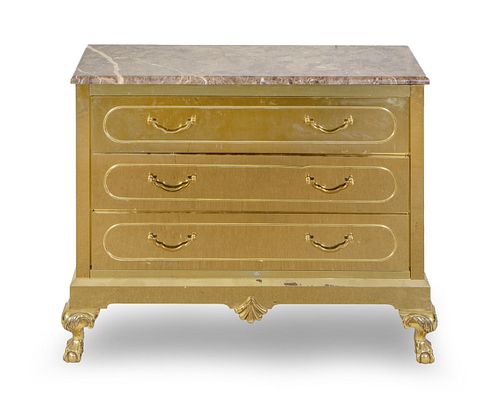 A Hollywood Regency Style Brass Clad Marble Top Chest of Drawers