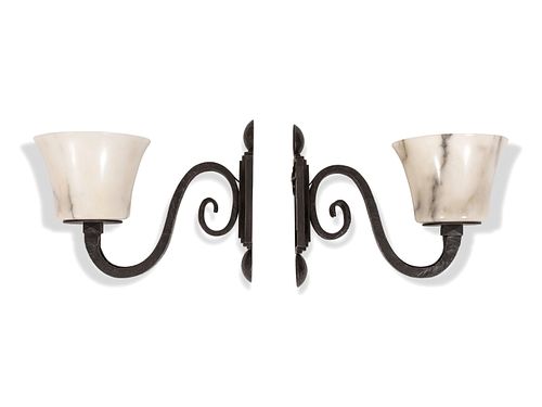 A Set of Four French Art Deco Wrought-Iron and Alabaster Sconces
Height 9 1/2 x width 18 x depth 13 3/4 inches. 