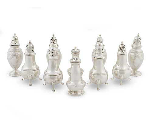 Ten American Silver Standing Salt and Peppers
Height of tallest 5 1/2 inches.
