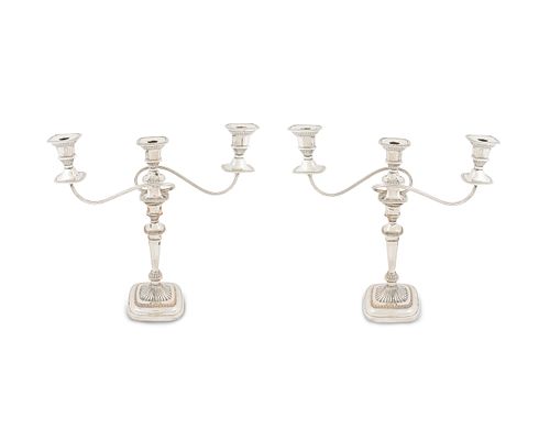 A Pair of Regency Style Silverplate Three-Light Candelabra
Height 18 1/2 x width 18 x depth 4 3/4 inches.