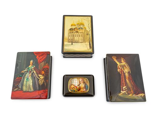 Four Russian Lacquered Boxes
Height of largest 2 x width 6 x depth 4 1/2 inches.