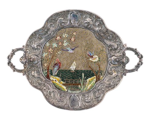 A French Silvered Bronze and Enamel Two-Handled Tray
Height 2 1/2 x length over handles  13 inches.