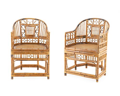 A Victorian Style Pair of Scorched Bamboo Open Armchairs
Height 33 1/2 x width 22 inches.