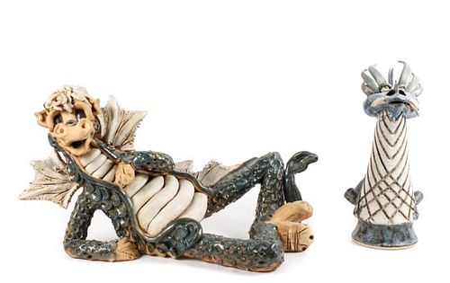 Two American School Whimsical Ceramic Dragons