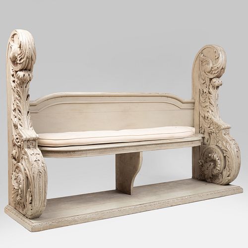 Large Flemish Baroque Style Grey Painted Hall Bench