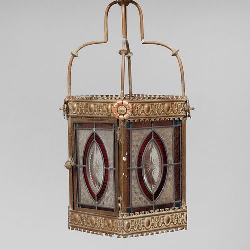 Brass Etched and Stained Glass Lantern, Possibly English