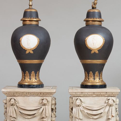 Pair of Continental Gilt-Decorated Black Basalt Jars and Covers Mounted as Lamps