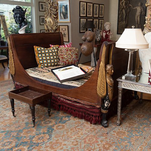 Empire Style Mahogany and Painted and Parcel-Gilt Sleigh Bed 
