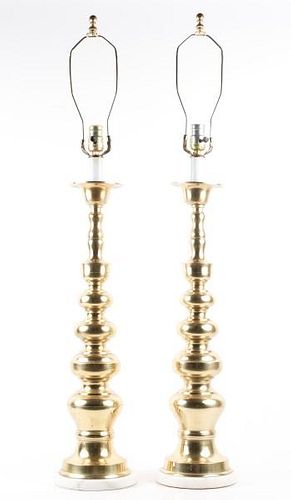 Pair, Tall Italian Turned Brass Candlestick Lamps
