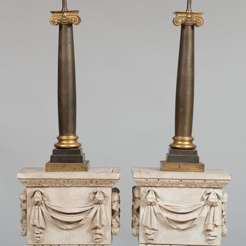 Pair of Gilt and Patinated Metal Columnar Lamps