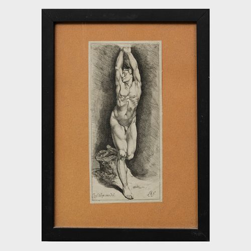 Jan de Bisschop (c. 1628-1671): Male Nude with Arms Raised