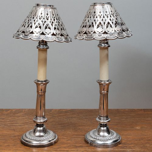 Pair of Silver Plate Candlestick Lamps and a Pair of Silver Plate Shades