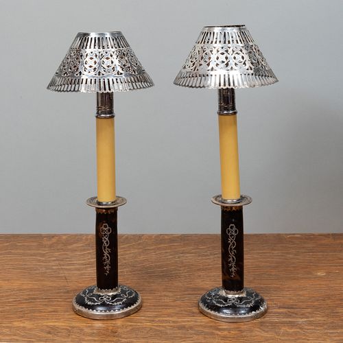 Pair of English Silver Inlaid Faux Tortoiseshell Candlesticks and a Pair of Silver Plate Shades
