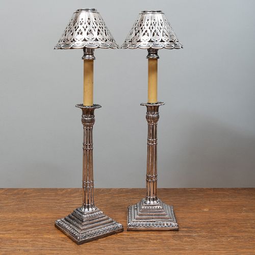 Pair of English Silver Plate Columnar Candlestick Lamps and a Pair of Silver Plate Shades