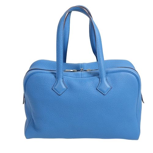 Hermes Mykonos Blue Leather Victoria II Tote Bag