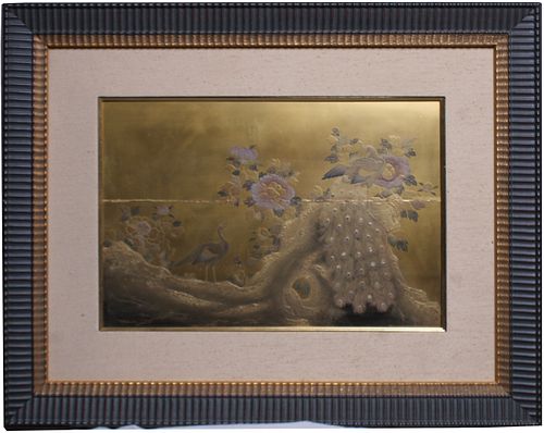 Meiji period gold lacquer panel with peacock