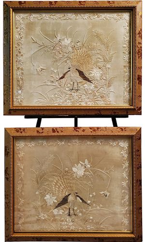 Left and Right Pair of Chinese Embroideries Of Peacocks