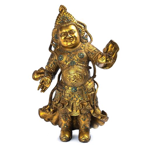 Large Gilt Bronze Figure With Stone Inlay