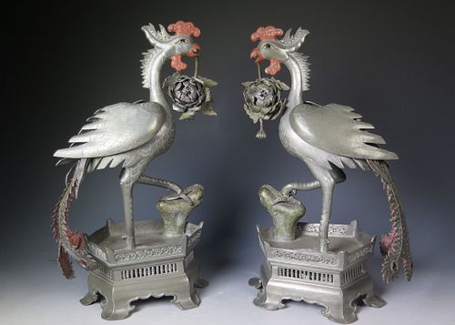 Pair Of Chinese Export Polychromed Pewter Phoenix