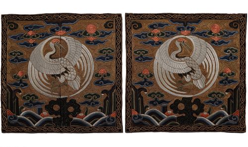 Pair of Embroidered 'Crane' Silk Rank Badges, Qing Dyn