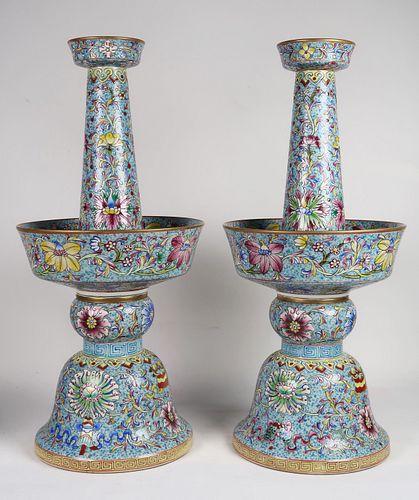 Fine Turquoise-Ground Enameled Porcelain Candlesticks