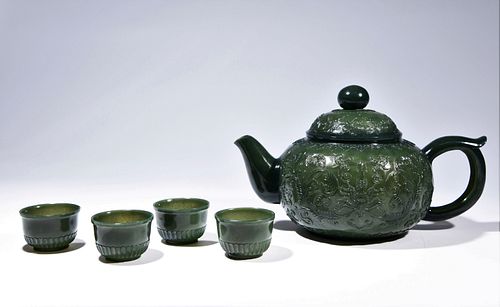 Ornately Carved Green Jade Tea Set