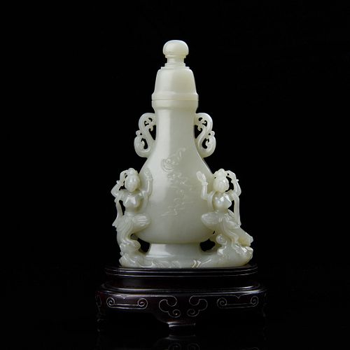 Finely Carved White Jade Double-Handled Vase on Stand