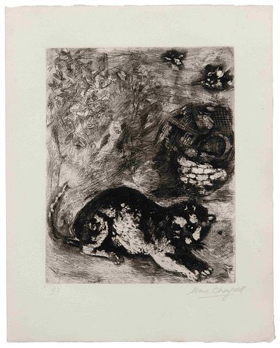 Marc Chagall
(French/Russian, 1887-1985)
Le chat et les deux moineaus (one plate from La Fontaine Fables), 1952