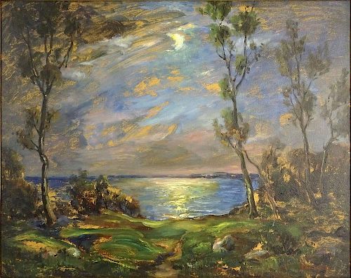 Francesco J. Spicuzza, American (1883-1962) oil on panel, "Moonlit Landscape".