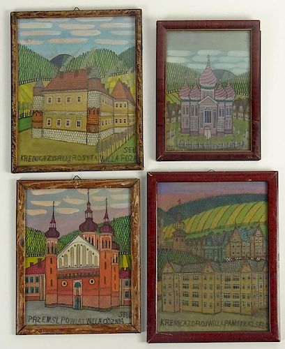 Nikifor Krynicki, Polish/Ukrainian (1895-1968) Lot of Four (4) Watercolor/Gouache on Paper.