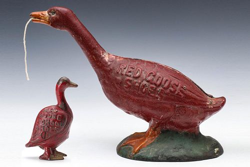 CAST IRON RED GOOSE SHOES STRING HOLDER AND BANK C 1920
