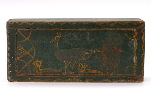 A DETAILED FOLK ART 19TH C. PAINT DECORATED CANDLE BOX