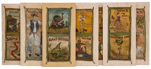 EIGHT RARE HAND PAINTED MINIATURE SIDESHOW BANNERS